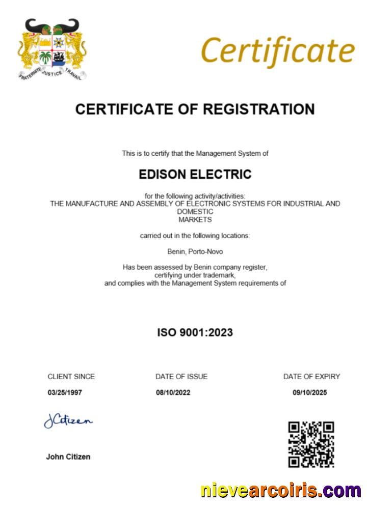 Benin certificate of registration